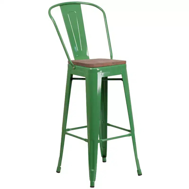 Merrick Lane Metal Dining Stool with Curved Slatted Back and Textured Wood Seat