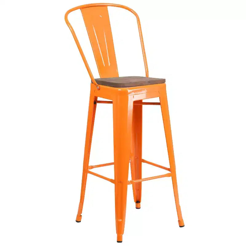 Merrick Lane Metal Dining Stool with Curved Slatted Back and Textured Wood Seat