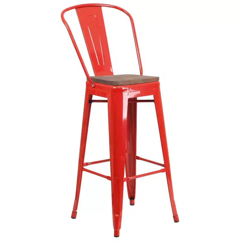 Merrick Lane Metal Dining Stool with Curved Slatted Back and Textured Wood Seat