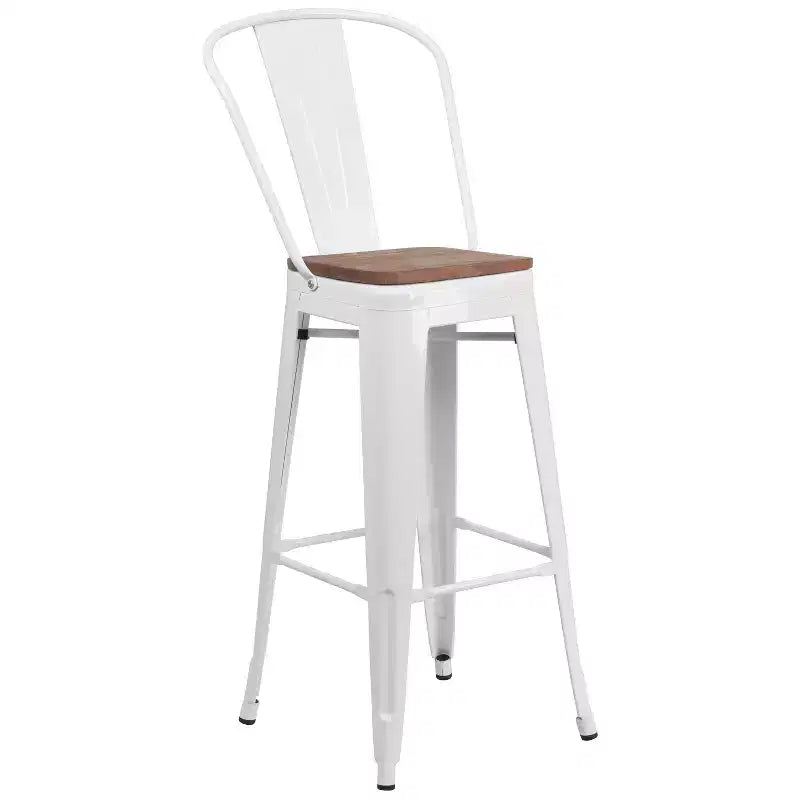 Merrick Lane Metal Dining Stool with Curved Slatted Back and Textured Wood Seat