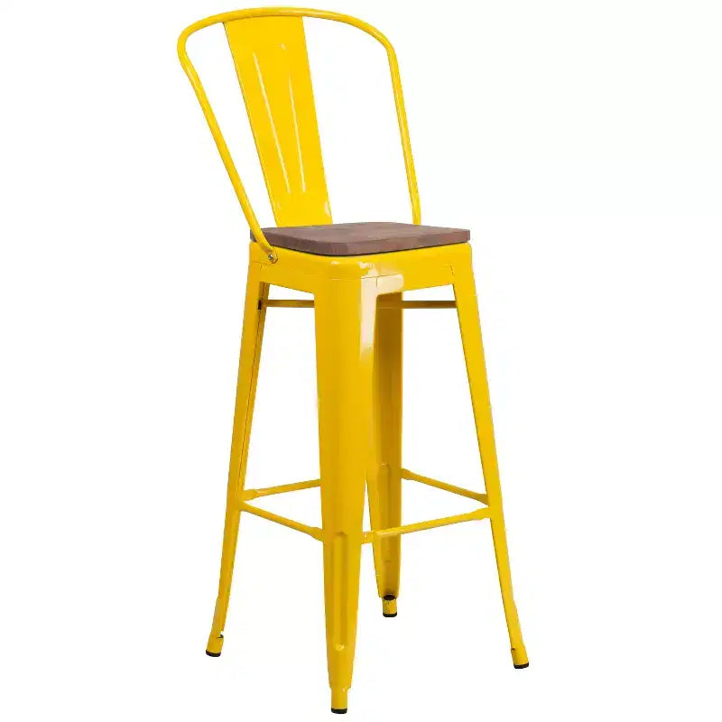 Merrick Lane Metal Dining Stool with Curved Slatted Back and Textured Wood Seat