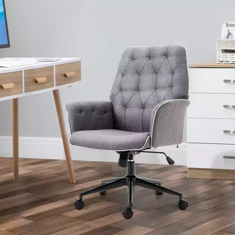 Vinsetto Modern Mid-Back Tufted Linen Home Office Desk Chair with Arms, Swivel Adjustable Task Chair, Upholstery Accent Chair with Soft Seat, Gray